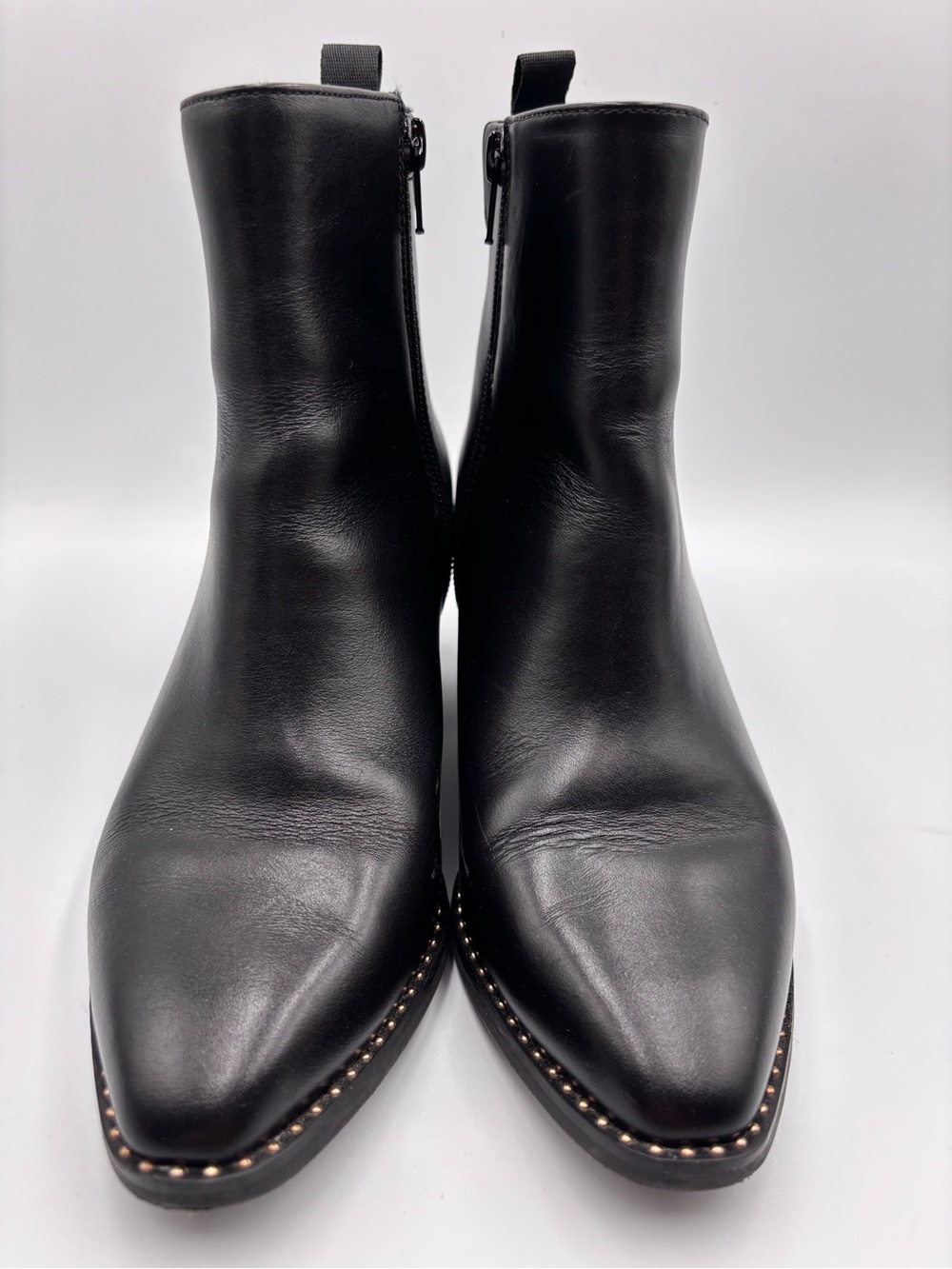 Deltan Women’s Black Leather Side Zip Block Heel Ankle Boots W Gold Studs Sz 7M